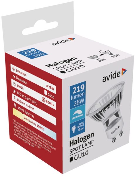 Avide Halogén Spot GU10 28W 2000h | BR (SKU:AHGU10WW-28W) Szpot