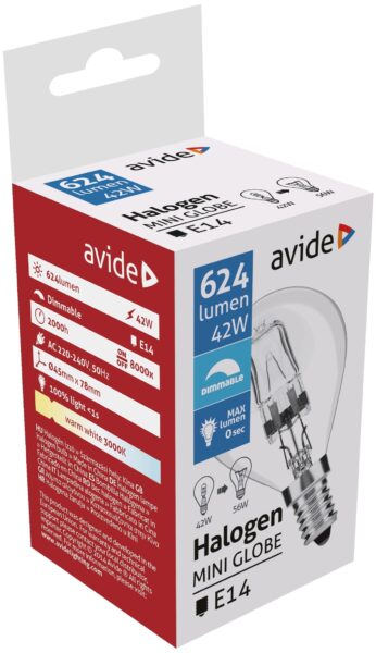 Avide Halogén Classic Mini 42W E14 2000h | BR (SKU:AHMG14WW-42W) Mini Gömb Avide Halogén Classic Mini 42W E14 2000h | BR (SKU:AHMG14WW-42W) Mini Gömb