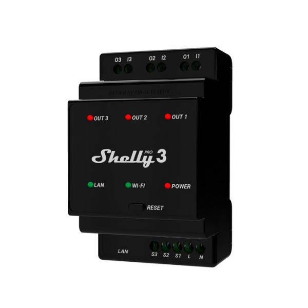 Shelly PRO 3 – három áramkörös WiFi + Ethernet + Bluetooth okosrelé, kapcsolóbemenettel, DIN-sínre szerelhető kapcsolórelé|garázskapu vezérlés FG3800235268094 Shelly PRO 3 – három áramkörös WiFi + Ethernet + Bluetooth okosrelé, kapcsolóbemenettel, DIN-sínre szerelhető kapcsolórelé|garázskapu vezérlés FG3800235268094