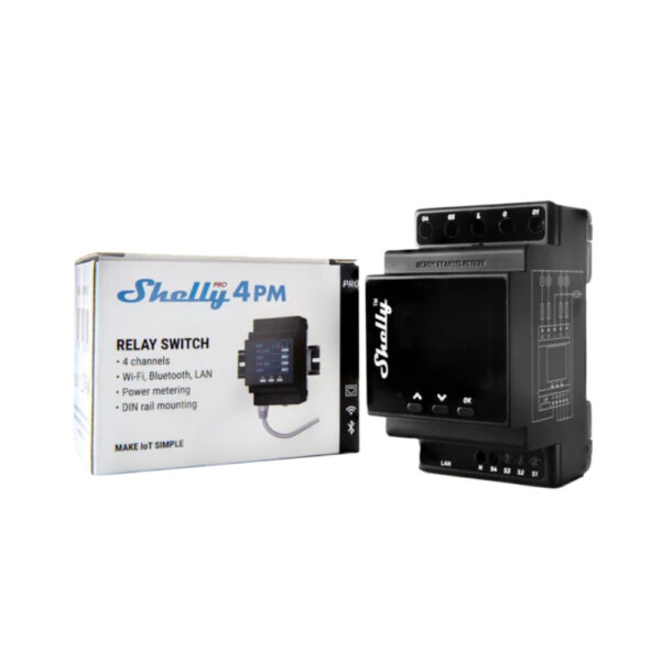 Shelly Pro 4PM négy áramkörös WiFi + Ethernet + Bluetooth okosrelé, kapcsolóbemenettel, DIN-sínre szerelhető kapcsolórelé|fogyasztásmérő FG3800235268049 Shelly Pro 4PM négy áramkörös WiFi + Ethernet + Bluetooth okosrelé, kapcsolóbemenettel, DIN-sínre szerelhető kapcsolórelé|fogyasztásmérő FG3800235268049