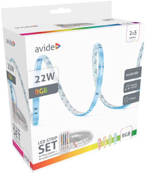 Avide LED Szalag Bliszter 12V 22W RGB 2x5m Zene vezérlés + IR távirányító | BR (SKU:ALSB5050RGBMU40-10M) LED szalag szettek