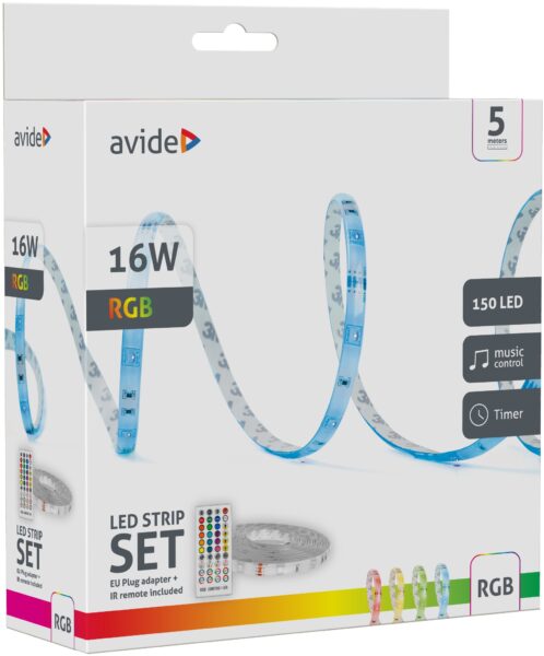 Avide LED Szalag Bliszter 12V 16W RGB 5m Zene vezérlés + IR távirányító | BR (SKU:ALSB5050RGBMU40-5M) LED szalag szettek