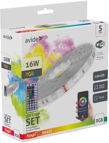 Avide LED Szalag Bliszter 12V 16W RGB 5m TUYA – Zene vez. + IR távirányító | BR (SKU:ALSB5050RGBTUYA44-5M) LED szalag szettek