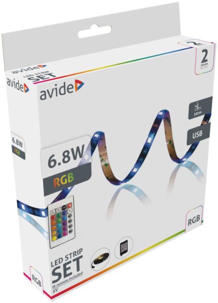 Avide LED Szalag Bliszter 5V SMD5050 30LED/m RGB IP65 2m + IR 24 táv. | BR (SKU:ALSBL5V24K-30RGB65) LED szalag szettek