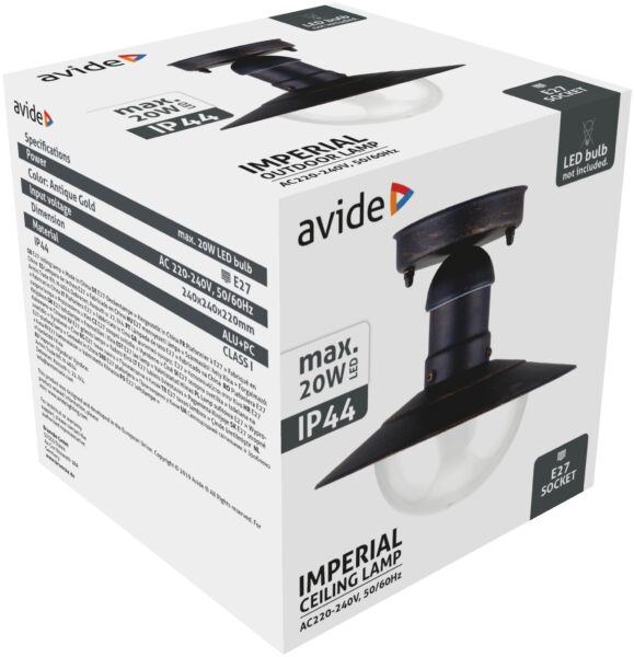 Avide Kültéri Mennyezeti Lámpa Imperial 1xE27 IP44 Antik Arany | BR (SKU:AOLCE27-IMP-AG) Kültéri lámpatestek Avide Kültéri Mennyezeti Lámpa Imperial 1xE27 IP44 Antik Arany | BR (SKU:AOLCE27-IMP-AG) Kültéri lámpatestek