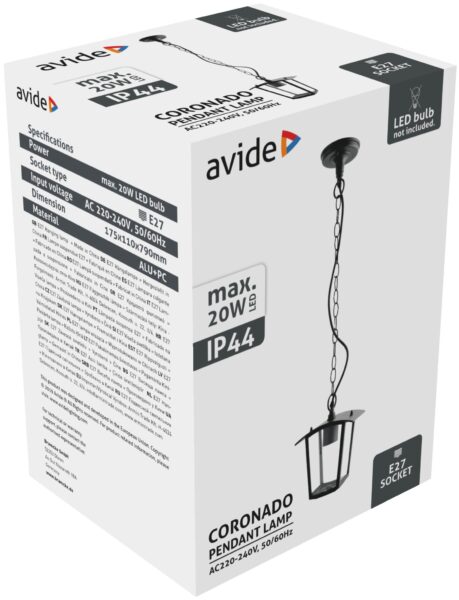 Avide kültéri függeszték lámpa Coronado 1xE27 IP44 fekete *Sérült Csomagolás* | BR (SKU:AOLHE27-COR-SCS) Egyéb Avide kültéri függeszték lámpa Coronado 1xE27 IP44 fekete *Sérült Csomagolás* | BR (SKU:AOLHE27-COR-SCS) Egyéb