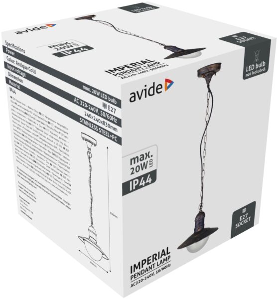 Avide kültéri függeszték lámpa Imperial 1xE27 IP44 antik arany | BR (SKU:AOLHE27-IMP-AG) Falikar Avide kültéri függeszték lámpa Imperial 1xE27 IP44 antik arany | BR (SKU:AOLHE27-IMP-AG) Falikar