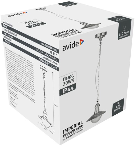 Avide kültéri függeszték lámpa Imperial 1xE27 IP44 Rozsdamentes acél | BR (SKU:AOLHE27-IMP-SN) Falikar