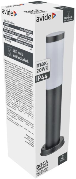 Avide kültéri álló lámpa Boca 1xE27 450mm IP44 Antracit | BR (SKU:AOLPE27-BOC-AN) Kültéri lámpatestek Avide kültéri álló lámpa Boca 1xE27 450mm IP44 Antracit | BR (SKU:AOLPE27-BOC-AN) Kültéri lámpatestek
