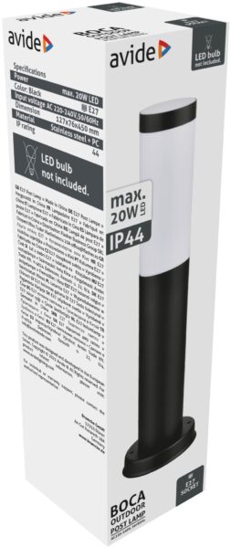 Avide kültéri álló lámpa Boca 1xE27 450mm IP44 Fekete | BR (SKU:AOLPE27-BOC-B) Kültéri lámpatestek Avide kültéri álló lámpa Boca 1xE27 450mm IP44 Fekete | BR (SKU:AOLPE27-BOC-B) Kültéri lámpatestek