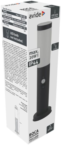 Avide kültéri álló lámpa Boca 1xE27 PIR 450mm IP44 Antracit | BR (SKU:AOLPE27-BOC-S-AN) Álló lámpa Avide kültéri álló lámpa Boca 1xE27 PIR 450mm IP44 Antracit | BR (SKU:AOLPE27-BOC-S-AN) Álló lámpa
