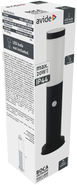 Avide kültéri álló lámpa Boca 1xE27 PIR 450mm IP44 Fekete | BR (SKU:AOLPE27-BOC-S-B) Kültéri lámpatestek Avide kültéri álló lámpa Boca 1xE27 PIR 450mm IP44 Fekete | BR (SKU:AOLPE27-BOC-S-B) Kültéri lámpatestek
