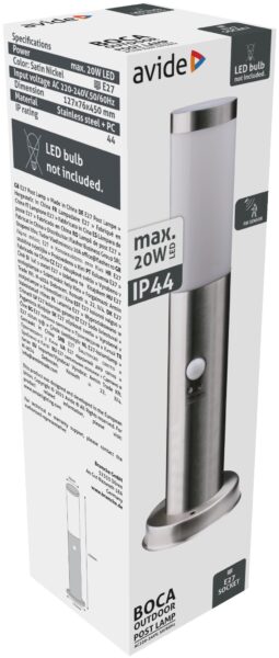 Avide kültéri álló lámpa Boca 1xE27 PIR 450mm IP44 Szatén Nikkel | BR (SKU:AOLPE27-BOC-S-SN) Álló lámpa Avide kültéri álló lámpa Boca 1xE27 PIR 450mm IP44 Szatén Nikkel | BR (SKU:AOLPE27-BOC-S-SN) Álló lámpa