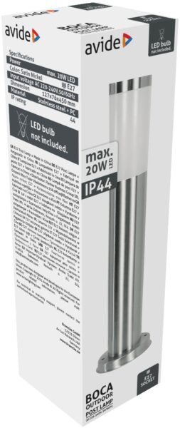Avide kültéri álló lámpa Boca 1xE27 450mm IP44 Szatén Nikkel | BR (SKU:AOLPE27-BOC-SN) Kültéri lámpatestek