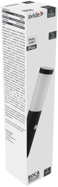 Avide kültéri fali lámpa Boca 1xE27 PIR IP44 Fekete | BR (SKU:AOLWE27-BOC-S-B) Betekerhető