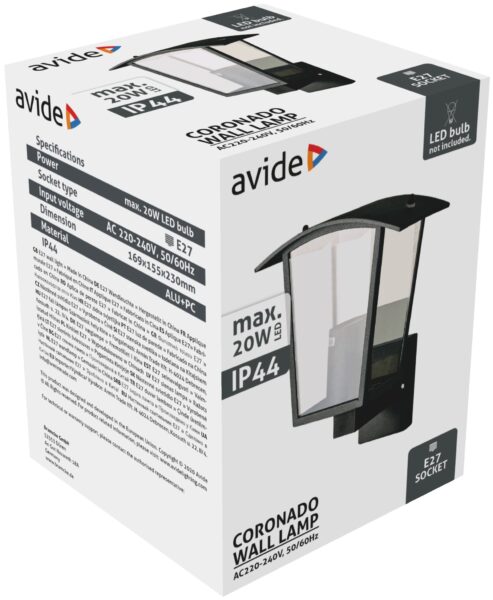 Avide kültéri fali lámpa Coronado 1xE27 IP44 fekete | BR (SKU:AOLWE27-CORU) Kültéri lámpatestek