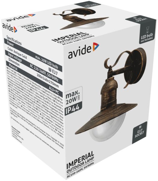 Avide kültéri fali lámpa Imperial 1xE27 IP44 antik arany | BR (SKU:AOLWE27-IMP-AG) Kültéri lámpatestek Avide kültéri fali lámpa Imperial 1xE27 IP44 antik arany | BR (SKU:AOLWE27-IMP-AG) Kültéri lámpatestek