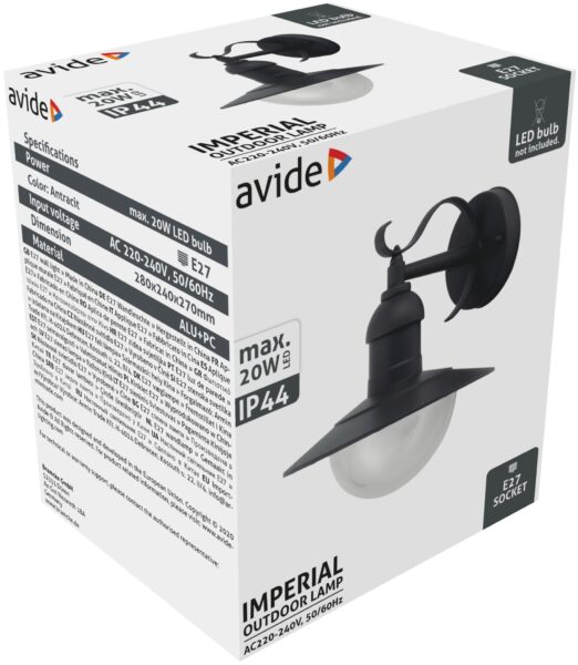 Avide kültéri fali lámpa Imperial 1xE27 IP44 Antracit | BR (SKU:AOLWE27-IMP-AN) Kültéri lámpatestek Avide kültéri fali lámpa Imperial 1xE27 IP44 Antracit | BR (SKU:AOLWE27-IMP-AN) Kültéri lámpatestek