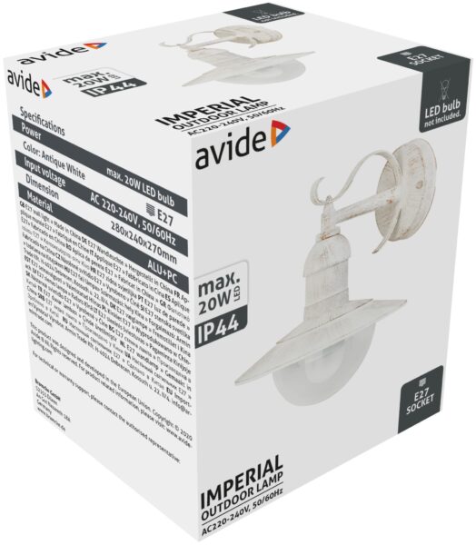 Avide kültéri fali lámpa Imperial 1xE27 IP44 antik fehér | BR (SKU:AOLWE27-IMP-AW) Kültéri lámpatestek Avide kültéri fali lámpa Imperial 1xE27 IP44 antik fehér | BR (SKU:AOLWE27-IMP-AW) Kültéri lámpatestek