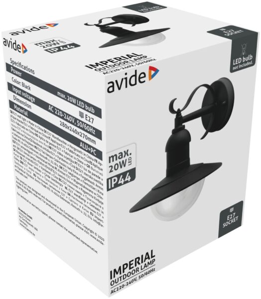 Avide kültéri fali lámpa Imperial 1xE27 IP44 Fekete | BR (SKU:AOLWE27-IMP-B) Kültéri lámpatestek Avide kültéri fali lámpa Imperial 1xE27 IP44 Fekete | BR (SKU:AOLWE27-IMP-B) Kültéri lámpatestek