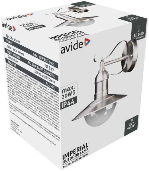 Avide kültéri fali lámpa Imperial 1xE27 IP44 Rozsdamentes acél | BR (SKU:AOLWE27-IMP-SN) Kültéri lámpatestek Avide kültéri fali lámpa Imperial 1xE27 IP44 Rozsdamentes acél | BR (SKU:AOLWE27-IMP-SN) Kültéri lámpatestek