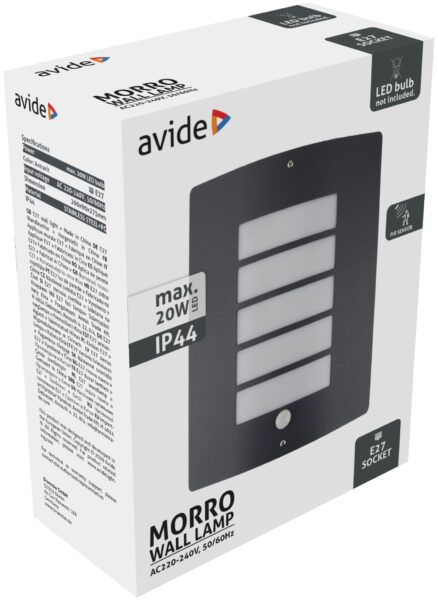 Avide kültéri fali lámpa Morro 1xE27 PIR IP44 Antracit | BR (SKU:AOLWE27-MOR-S-AN) Betekerhető