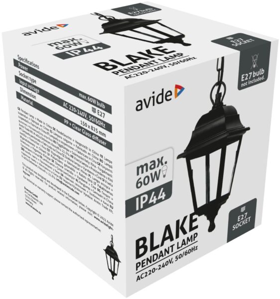 Avide Kültéri Függeszték Lámpa Blake 1xE27 825mm Fekete IP44 | BR (SKU:AOPL-1XE27-BLA) Falikar Avide Kültéri Függeszték Lámpa Blake 1xE27 825mm Fekete IP44 | BR (SKU:AOPL-1XE27-BLA) Falikar