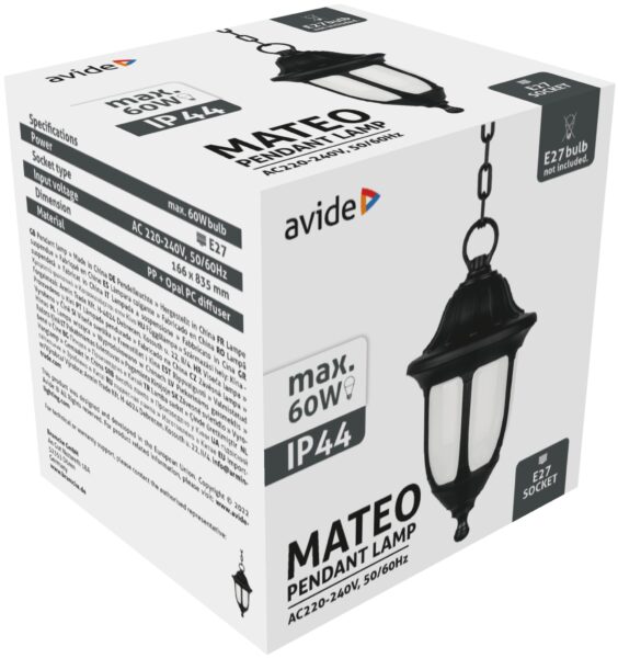 Avide Kültéri Függeszték Lámpa Mateo 1xE27 Fekete IP44 | BR (SKU:AOPL-1XE27-MAT) Kültéri lámpatestek