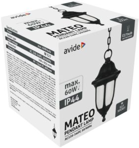 Avide Kültéri Függeszték Lámpa Mateo 1xE27 Fekete IP44 | BR (SKU:AOPL-1XE27-MAT) Falikar