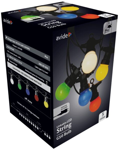 Avide Kültéri Füzér 5m Sorolható (Piros/Zöld/Kék/Sárga/Fehér) *Sérült csomagolás* | BR (SKU:AOS10LE40L-RGB-SCS) Kültéri fényfüzérek