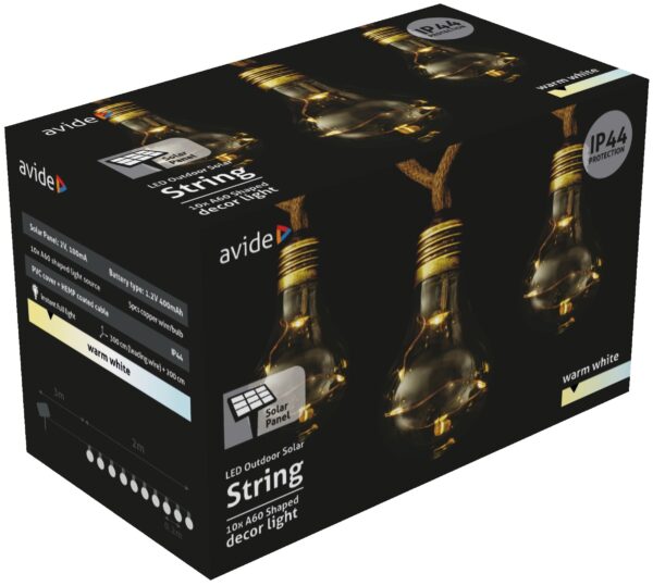 Avide Kültéri Szolár Füzér 5m, Kötél Kábel 10 Globe, WW, IP44 | BR (SKU:AOSS5R-10C50ML-WW) Kültéri fényfüzérek