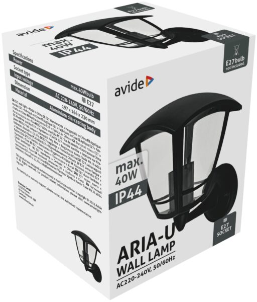Avide Kültéri Fali Lámpa Aria-U 1xE27 Fekete IP44 | BR (SKU:AOWL-1XE27-ARIA-U) Kültéri lámpatestek