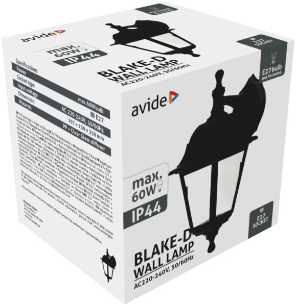 Avide Kültéri Fali Lámpa Blake-D 1xE27 Fekete IP44 | BR (SKU:AOWL-1XE27-BLA-D) Betekerhető
