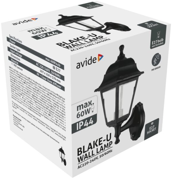 Avide Kültéri Fali Lámpa Blake-U 1xE27 Fekete IP44 PIR | BR (SKU:AOWL-1XE27-BLA-U-PIR) Kültéri lámpatestek