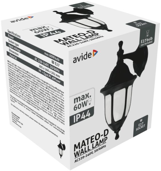 Avide Kültéri Fali Lámpa Mateo-D 1xE27 Fekete IP44 | BR (SKU:AOWL-1XE27-MAT-D) Betekerhető Avide Kültéri Fali Lámpa Mateo-D 1xE27 Fekete IP44 | BR (SKU:AOWL-1XE27-MAT-D) Betekerhető