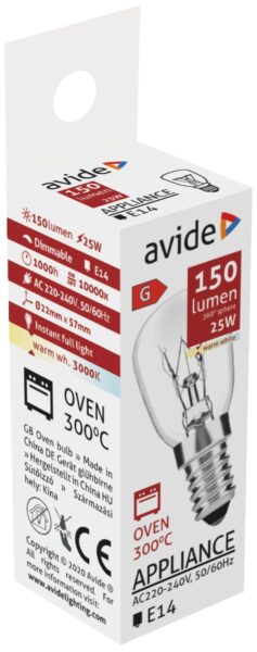 Avide Sütőizzó 300°C izzó 25W E14 WW 3000K | BR (SKU:ARAH14WW-25W) Hűtő, sütő Izzók