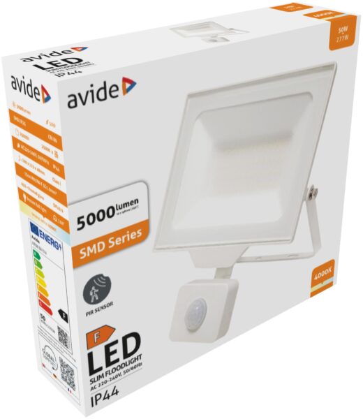 Avide LED Opál Reflektor Slim SMD 50W NW 4000K Mozgásérzékelős PIR Fehér | BR (SKU:ARFFLNW-50W-PIR-W) Mozgásérzékelős