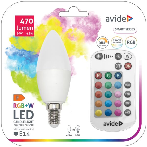 Avide Smart LED Candle 4.9W RGB+W 2700K IR Távirányítóval | BR (SKU:ASC14RGBW-4.9W-RC) Távirányítós