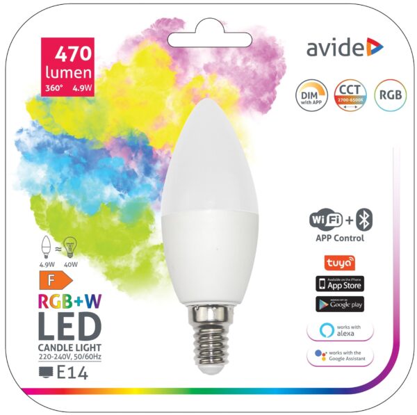 Avide Smart LED Candle 4.9W RGB+W WIFI + BLE APP Control | BR (SKU:ASC14RGBW-4.9W-WIBLE) Okos izzók Avide Smart LED Candle 4.9W RGB+W WIFI + BLE APP Control | BR (SKU:ASC14RGBW-4.9W-WIBLE) Okos izzók
