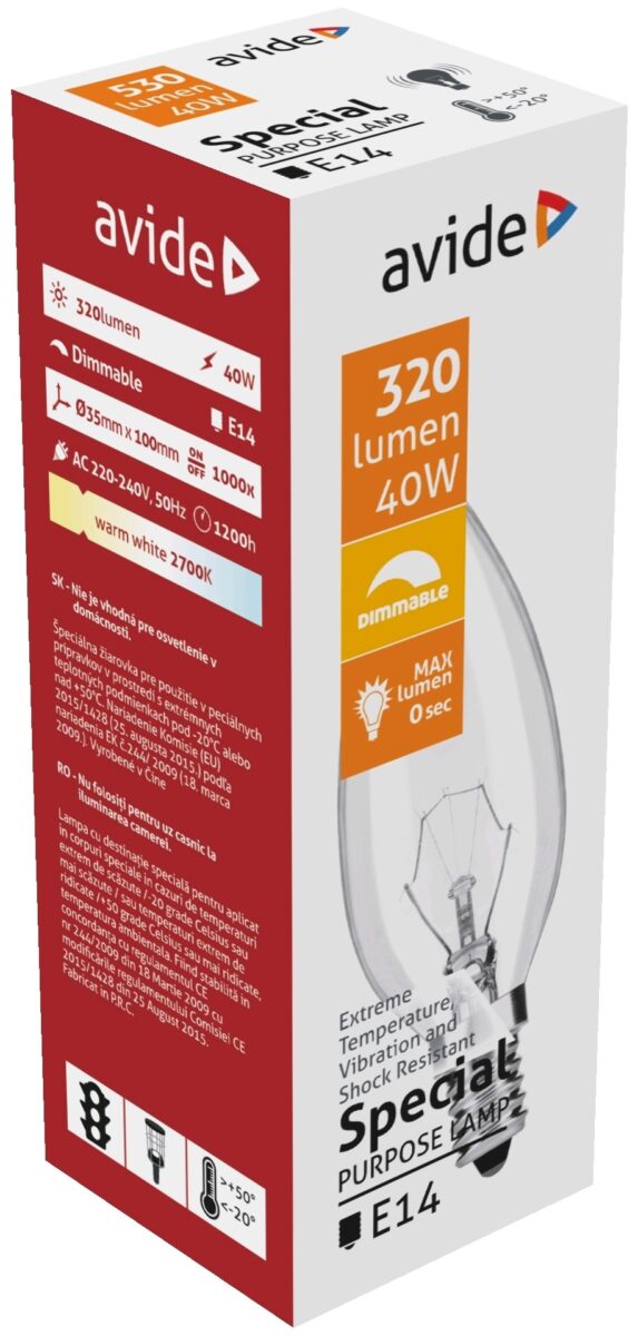 Speciális Izzó C35 40W E14 WW (Avide hőálló) | BR (SKU:ASC14WW-40W) Belföld