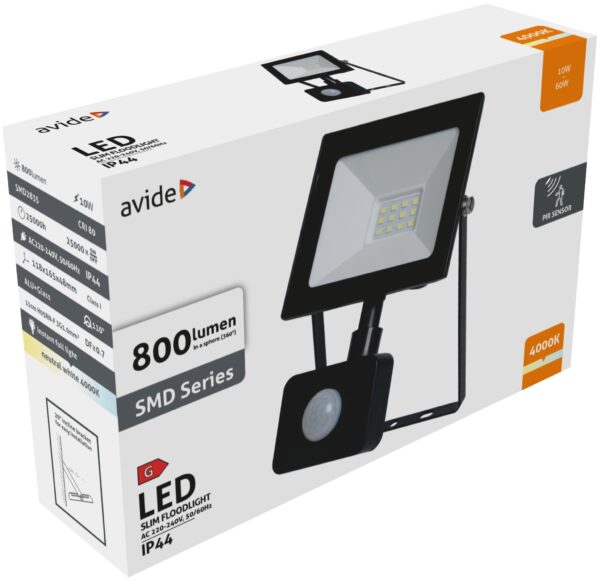 Avide Value LED Reflektor Slim SMD 10W NW 4000K PIR | BR (SKU:ASFLNW-10W-PIR) Reflektorok
