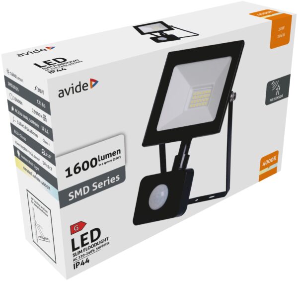 Avide Value LED Reflektor Slim SMD 20W NW 4000K PIR | BR (SKU:ASFLNW-20W-PIR) Reflektorok
