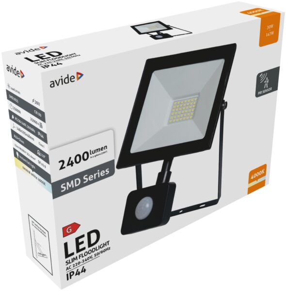 Avide Value LED Reflektor Slim SMD 30W NW 4000K PIR | BR (SKU:ASFLNW-30W-PIR) Reflektorok