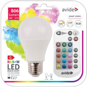 Avide Smart LED Globe A60 9.7W RGB+W 2700K IR Távirányítóval | BR (SKU:ASG27RGBW-9.7W-RC) Távirányítós