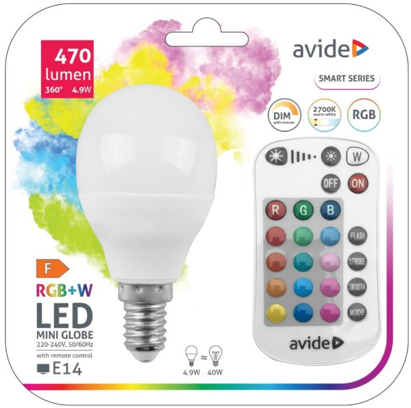 Avide Smart LED Mini Globe 4.9W RGB+W 2700K IR Távirányítóval | BR (SKU:ASMG14RGBW-4.9W-RC) Távirányítós