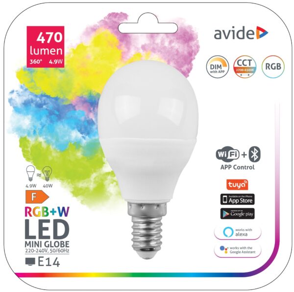 Avide Smart LED Mini Globe 4.9W RGB+W WIFI + BLE APP Control | BR (SKU:ASMG14RGBW-4.9W-WIBLE) Okos izzók Avide Smart LED Mini Globe 4.9W RGB+W WIFI + BLE APP Control | BR (SKU:ASMG14RGBW-4.9W-WIBLE) Okos izzók