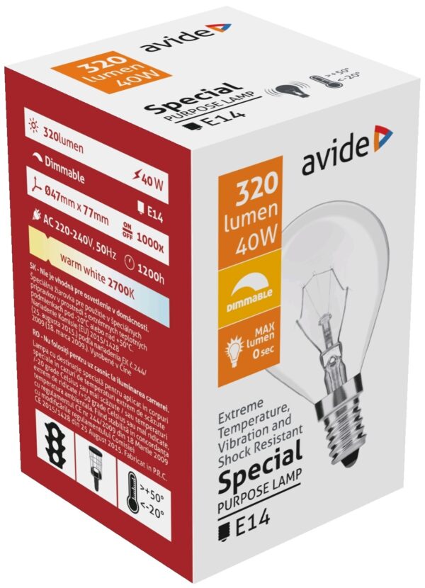 Speciális Izzó P45 40W E14 WW (Avide hőálló) | BR (SKU:ASMG14WW-40W) Belföld
