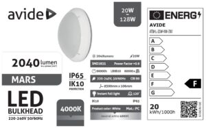 Avide Cseppálló Mennyezeti Lámpa Mars Kerek IP65 20W NW 4000K Fehér + Inverter | BR (SKU:ATBHL-20W-NW-INV) IP Védett