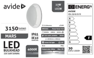 Avide Cseppálló Mennyezeti Lámpa Mars Kerek IP65 30W NW 4000K Fehér + Inverter | BR (SKU:ATBHL-30W-NW-INV) IP Védett