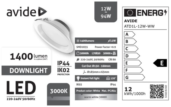 Avide LED Downlight Kerek IP44 12W 1400lm WW 3000K | BR (SKU:ATD1L-12W-WW) Spotlámpák Avide LED Downlight Kerek IP44 12W 1400lm WW 3000K | BR (SKU:ATD1L-12W-WW) Spotlámpák